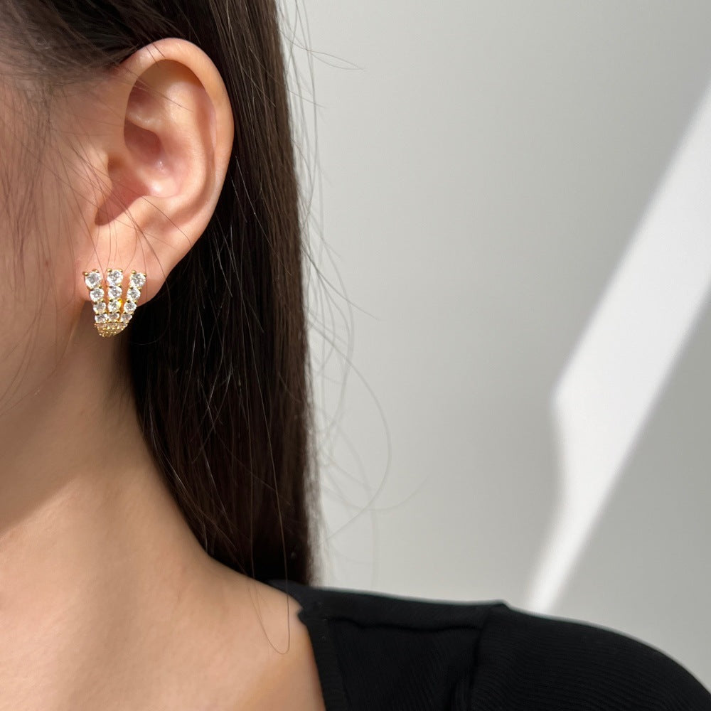 Office Micro Setting CZ Three Claws 925 Sterling Silver Hoop Earrings