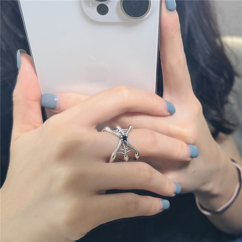 Women Fashion Unique Vintage Design Statement Jewelry Dark Gothic Spider Black Cubic Zirconia 925 Sterling Silver Adjustable Ring