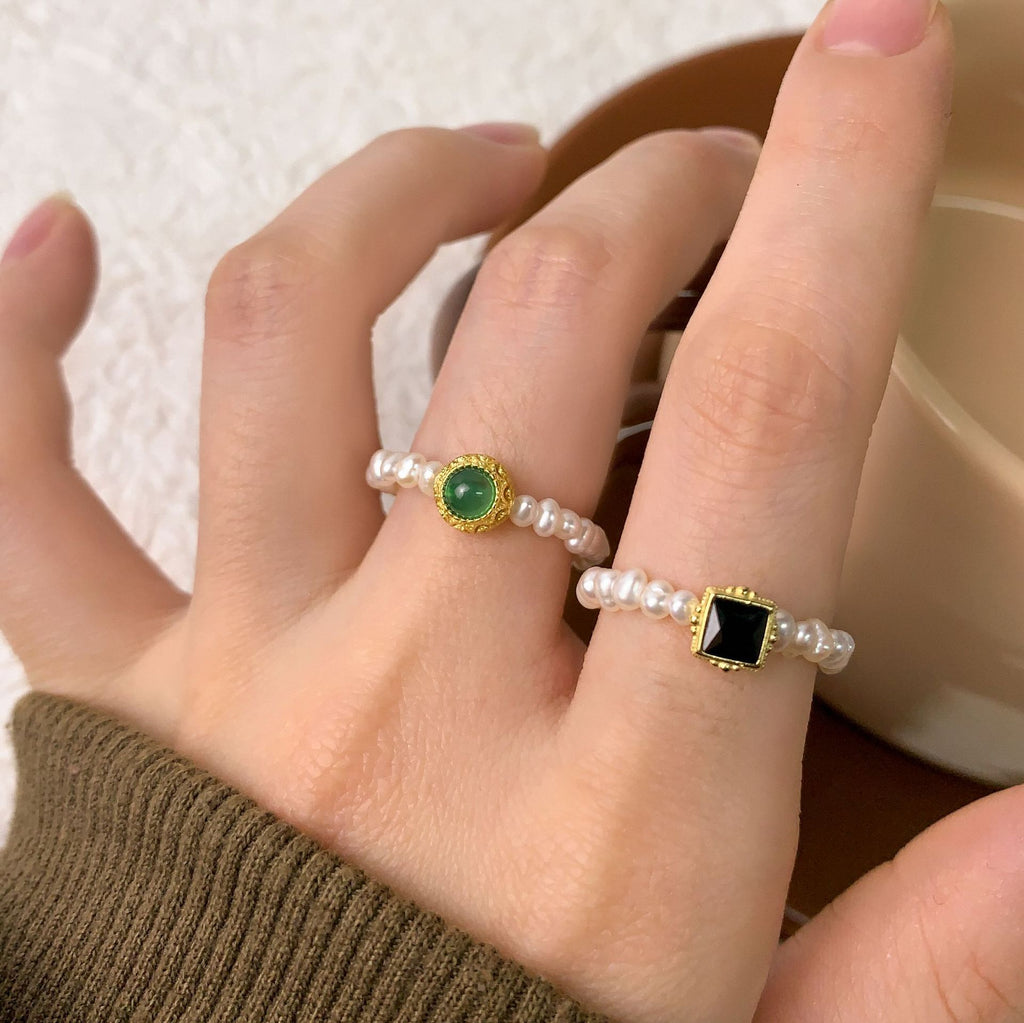 Women Elegant Round Green CZ Natural Pearls 925 Sterling Silver Ring