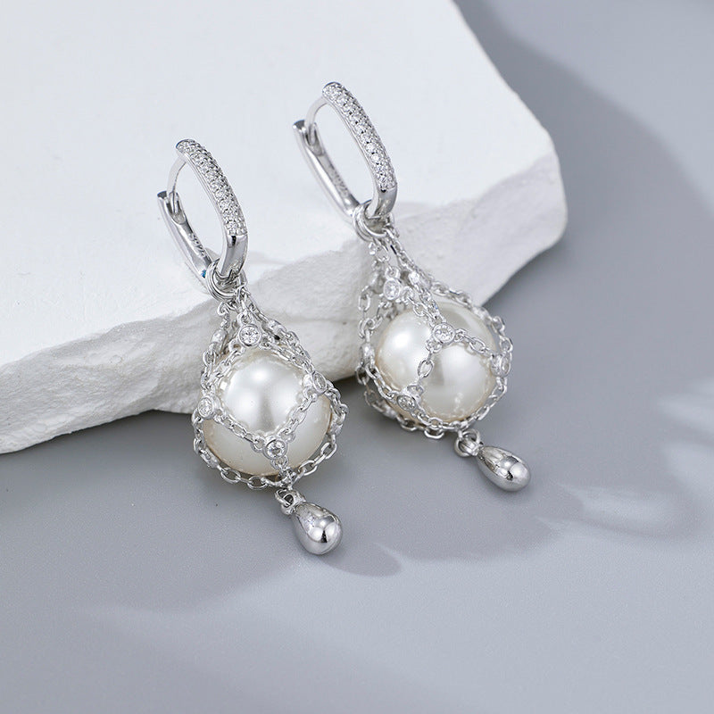Elegant Net Design Freshwater Pearl 925 Sterling Silver Dangle Earrings