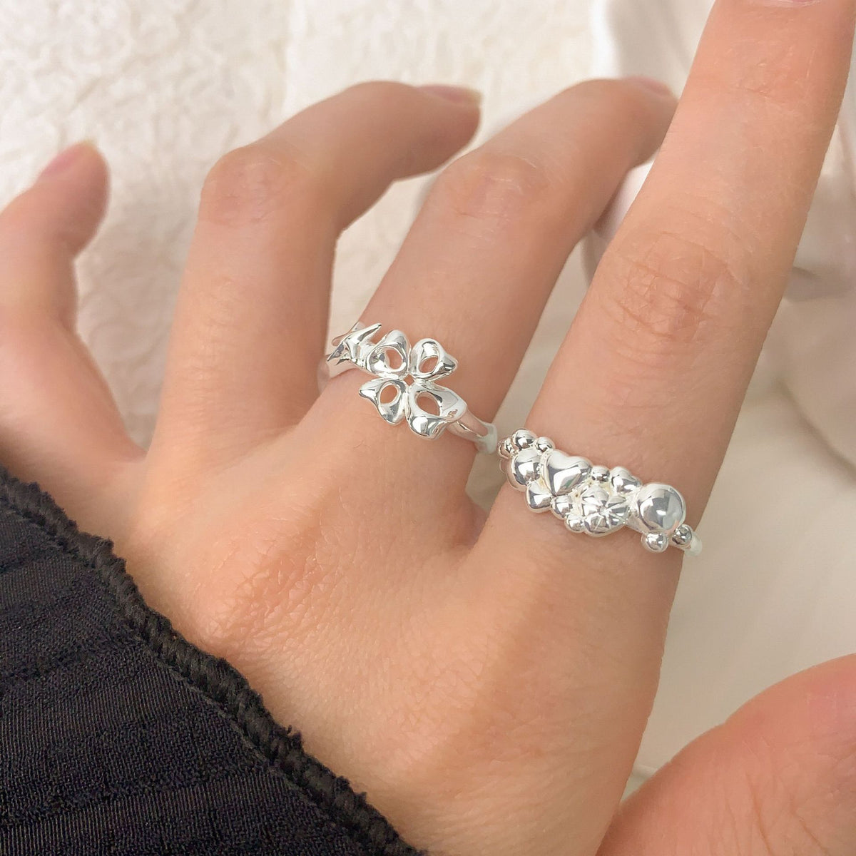 Office Irregular Hollow Heart Star 925 Sterling Silver Adjustable Ring
