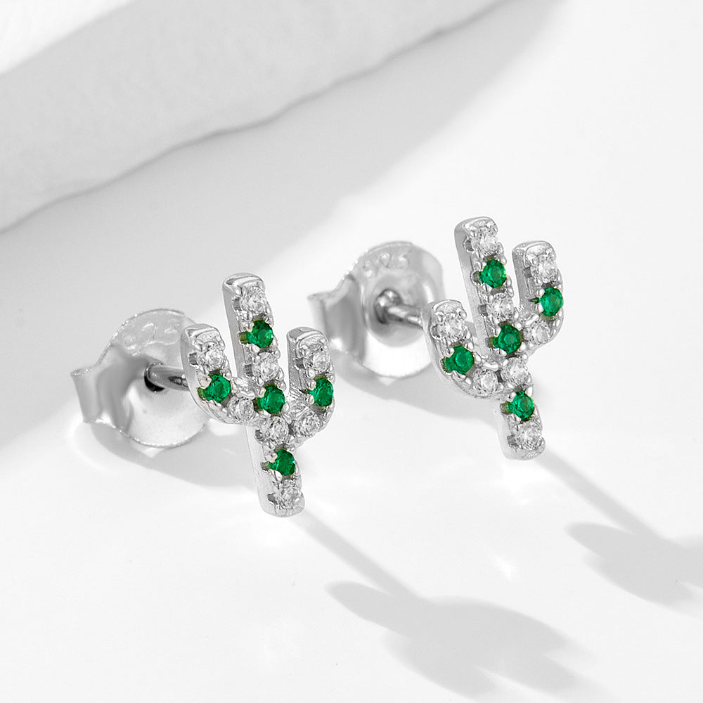 Pendientes de cactus con circonia cúbica verde y transparente en plata de ley 925