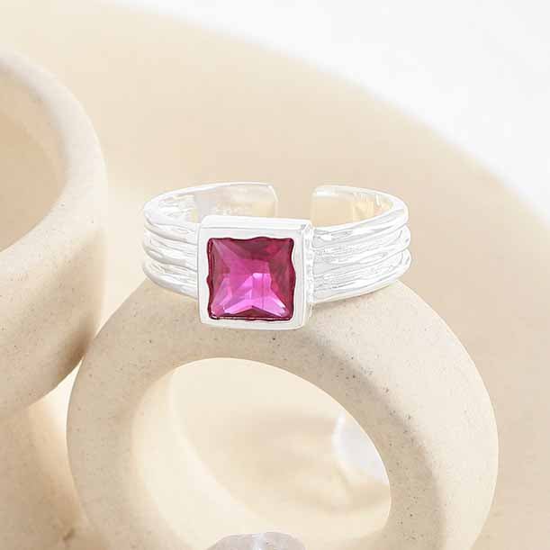 Elegant Red Sqaure CZ Geometry 925 Sterling Silver Adjustable Ring