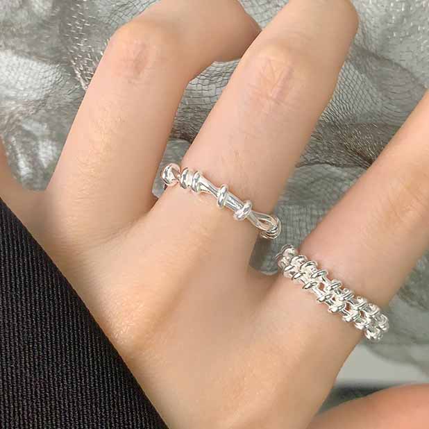 Fashion Irregular Knot Grid 925 Sterling Silver Adjustable Stacker Ring