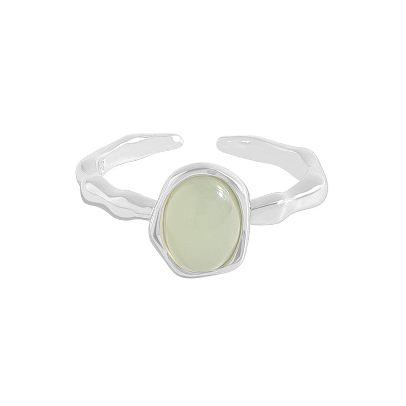 Women Irregular Border Green Crystal 925 Sterling Silver Adjustable Ring