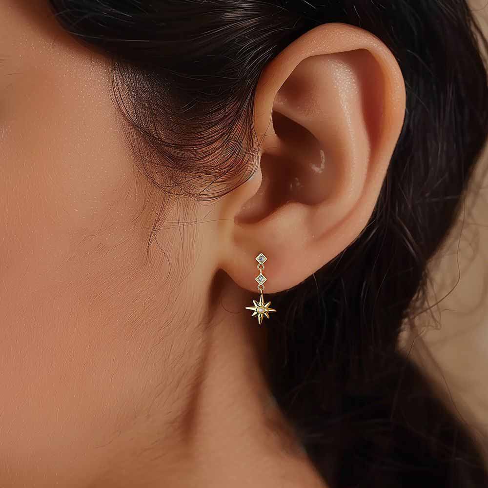 Beautiful Golden CZ Crescent Moon Star 925 Sterling Silver Dangling Earrings