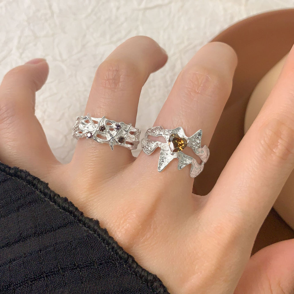 Fashion Double Layers Brown CZ Heart 925 Sterling Silver Wave Adjustable Ring