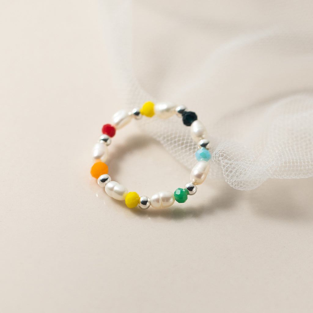 Irregular Pearl Multicolor Synthetic Crystal Elastic Beaded  S925 Silver Ring
