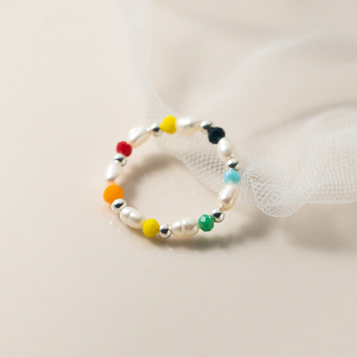 Irregular Pearl Multicolor Synthetic Crystal Elastic Beaded  S925 Silver Ring