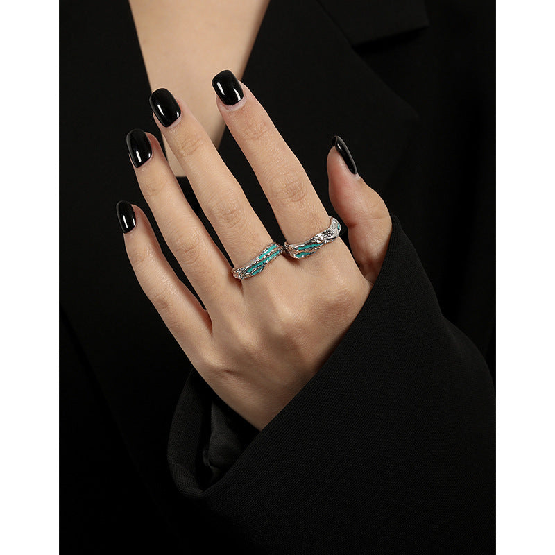 Irregular Textured Geometric Teal And Black Enamel Pure Metal 925 Sterling Silver Adjustable Open Ring