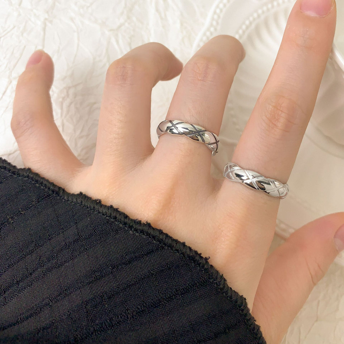 Lady Elegant Quilting 925 Sterling Silver Wave Adjustable Ring