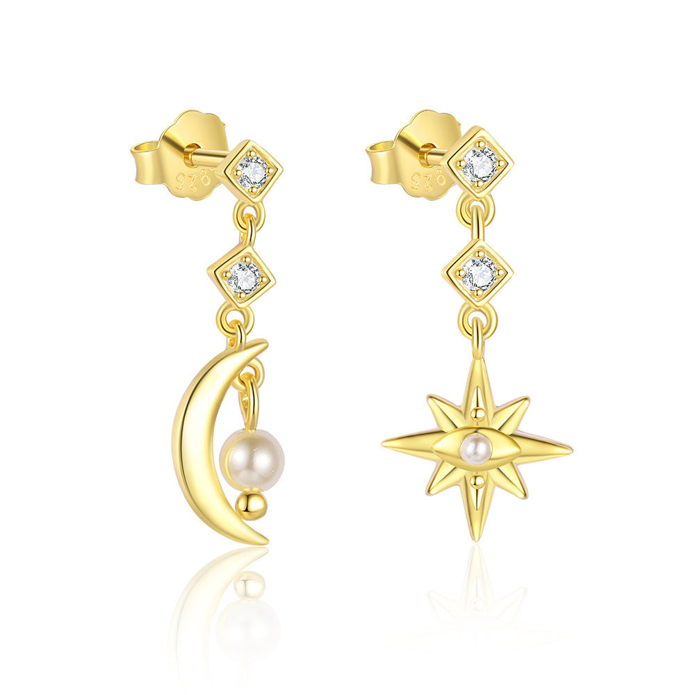 Beautiful Golden CZ Crescent Moon Star 925 Sterling Silver Dangling Earrings