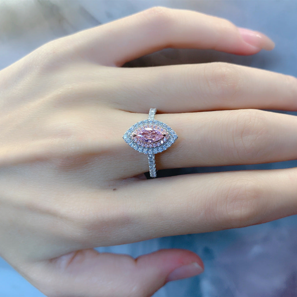 Pink Marquise Eye Shape Rose Gold Prongs Micro Setting Cubic Zirconia 925 Sterling Silver Halo Statement Band Ring