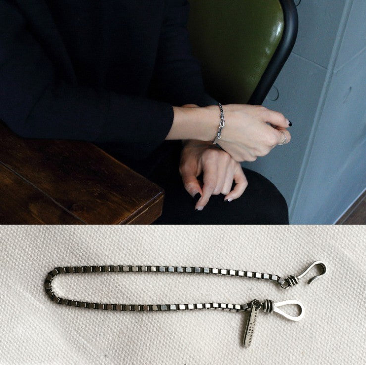 Hook Clasp And Rectangular Letter Tag Geometric Line Design Vintage Minimalist Fashion Jewelry925 Sterling Silver Box Chain Bracelet