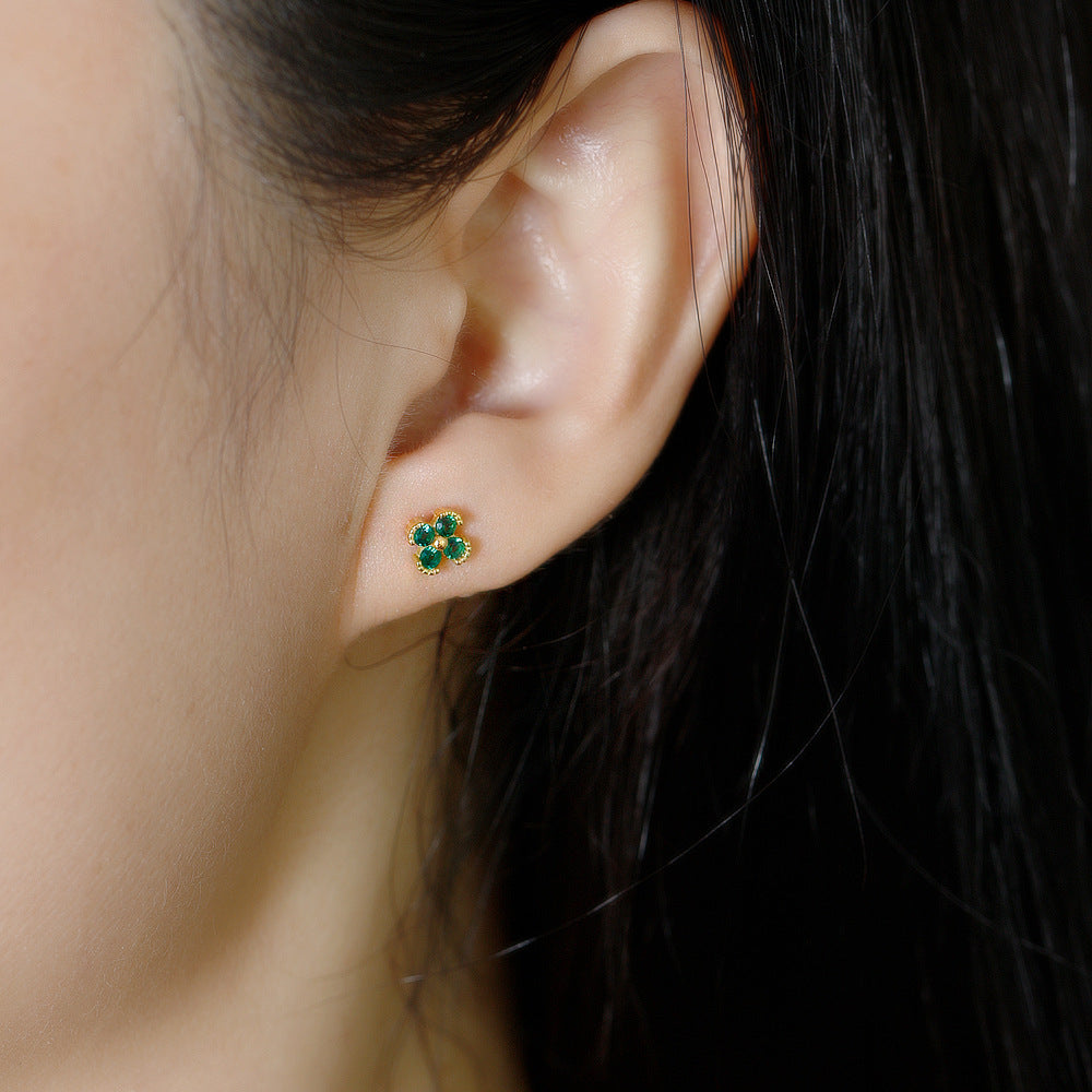 Cubic Zirconia Four-Petal Flower Stylish and Elegant 925 Sterling Silver Stud Earrings