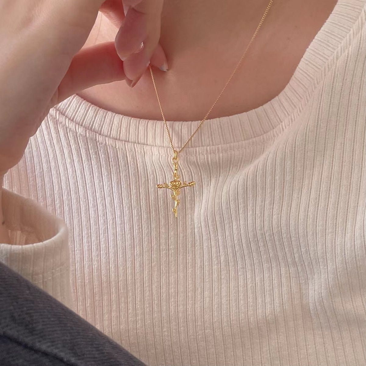 Women Beautiful Rose Flower Cross 925 Sterling Silver Necklace