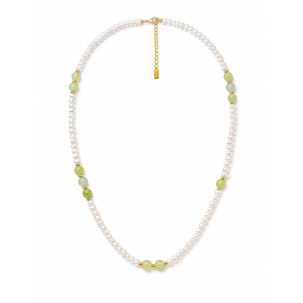 Minimalist Light Green Jade Small Freshwater Pearl Gold Beaded Adjustable 925 Sterling Silver Necklace