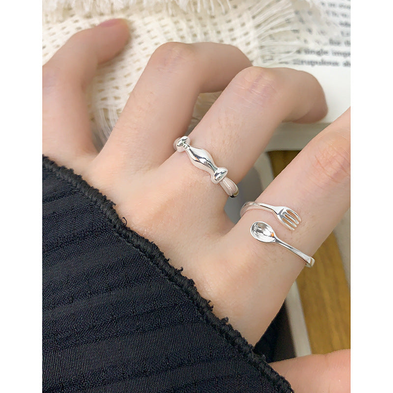 Unique Fork and Spoon Design Adjustable Pure 925 Sterling Silver Open Ring