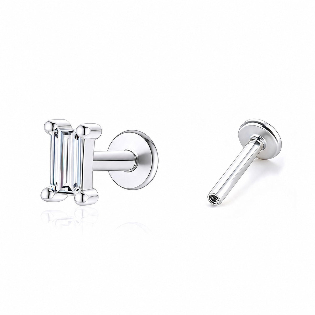 Geometric Baguette White Cubic Zirconia Flat Back Ear Stud 925 Sterling Silver (Single)