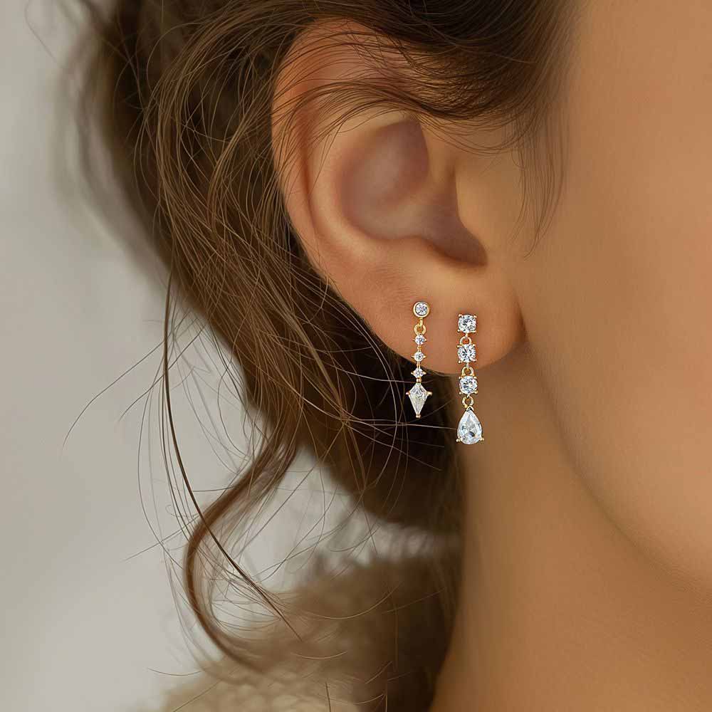 Fashion Golden Round Waterdrop Heart CZ Tassels 925 Sterling Silver Dangling Earrings