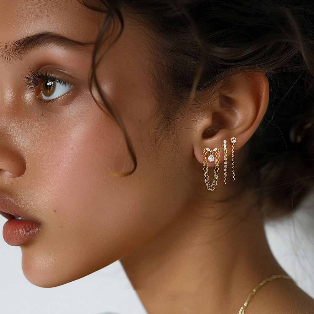 Fashion Golden CZ Heart Moon Star Flower Chain Tasselsyt6 925 Sterling Silver Stud Earrings