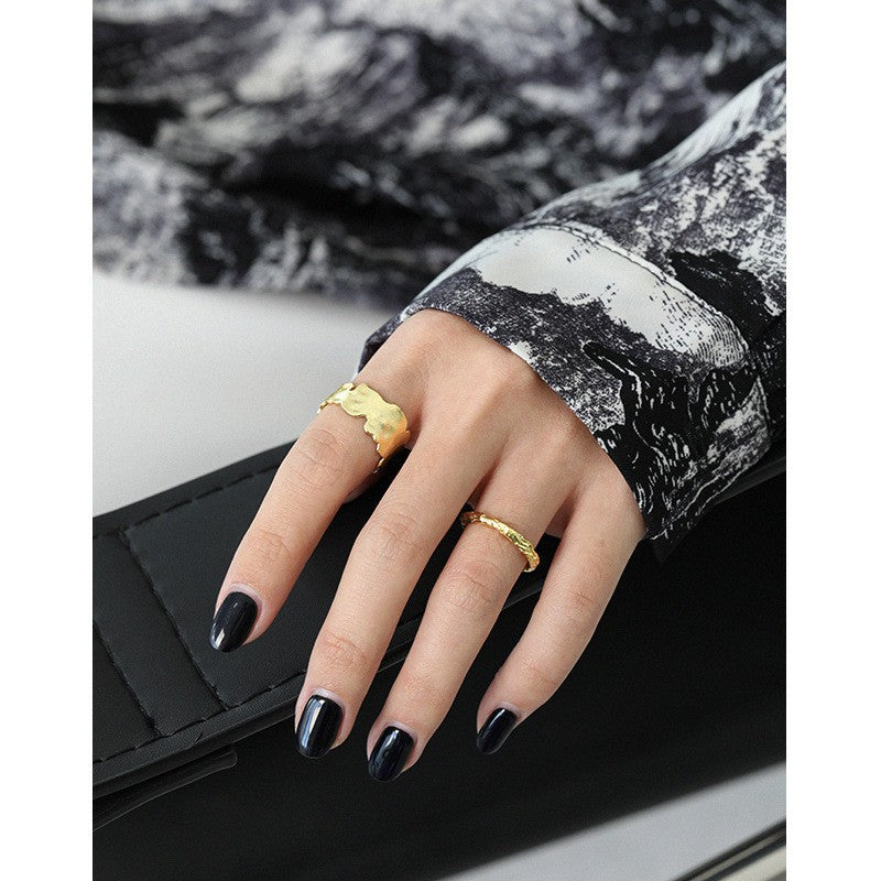 Pure Metal Irregular Textured Geometric Open Adjustable Ring In S925 Sterling Silver With Matte Wavy Wide Band Design For Women Modern Minimalist Fashion Statement Jewelry Gift