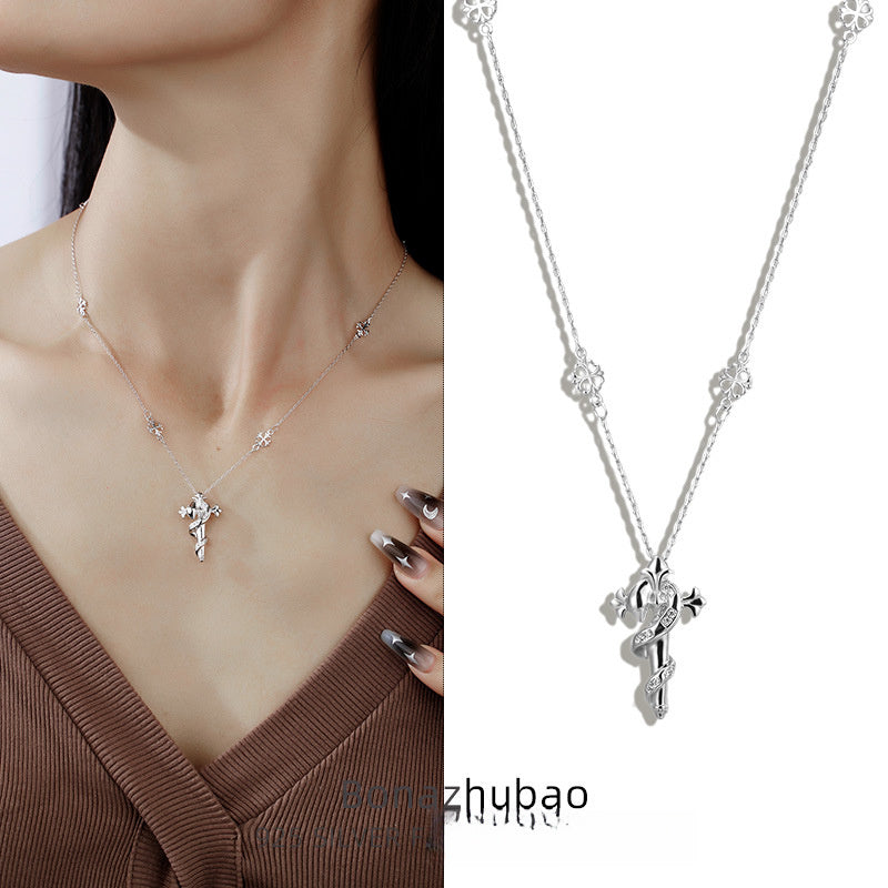 Elegant Fashion Clavicle Religious Cross Snake Cubic Zirconia 925 Sterling Silver Necklace O Chain Station Necklace