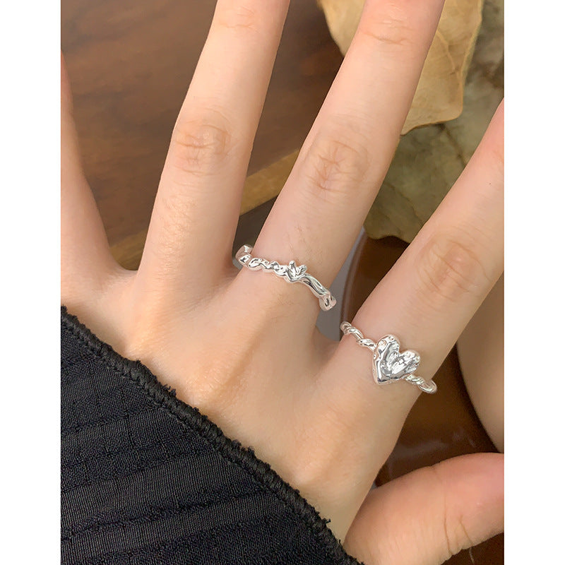 Irregular Texture Heart Shape Love S925 Sterling Silver Twist Adjustable Ring for Women Fashion Elegant Jewelry Gift