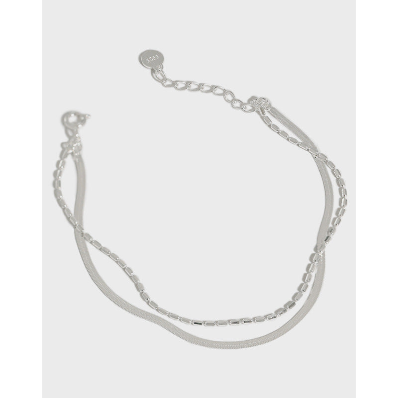 Minimalist Double Layer Snake Chain and Box Chain 925 Sterling Silver Bracelet