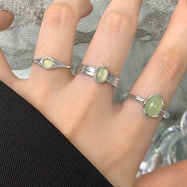 Simple Round Green Crystal 925 Sterling Silver Adjustable Ring