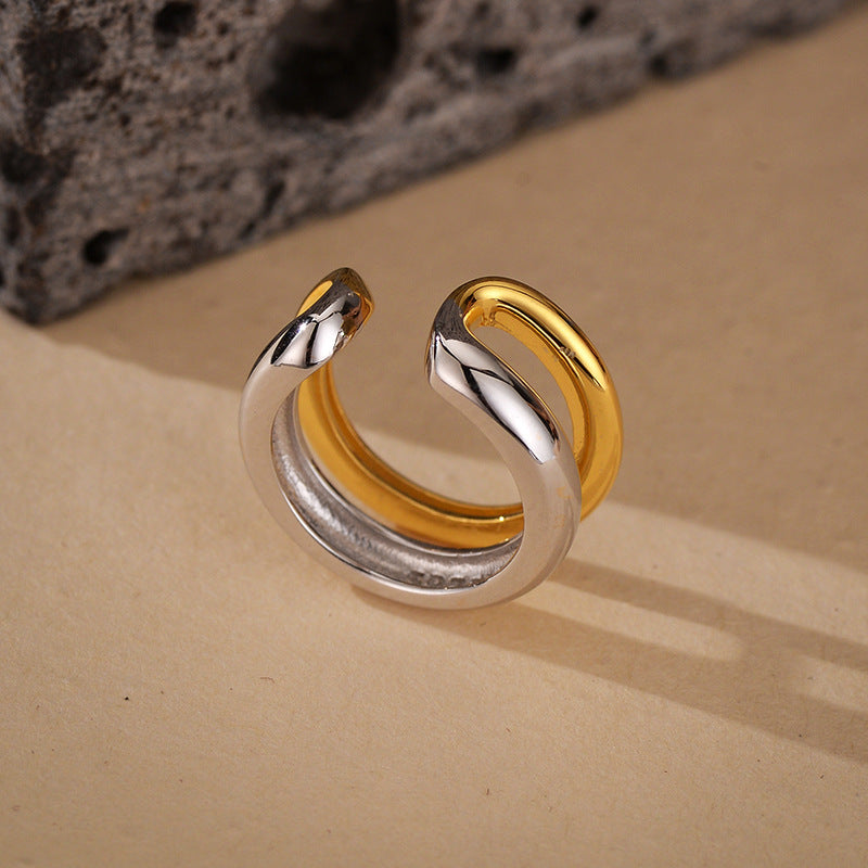 Double Layer Two Tone Geometric U Shape S925 Sterling Silver Ear Cuff
