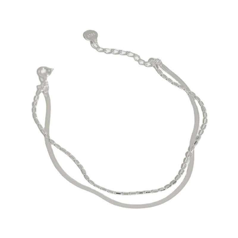 Minimalist Double Layer Snake Chain and Box Chain 925 Sterling Silver Bracelet