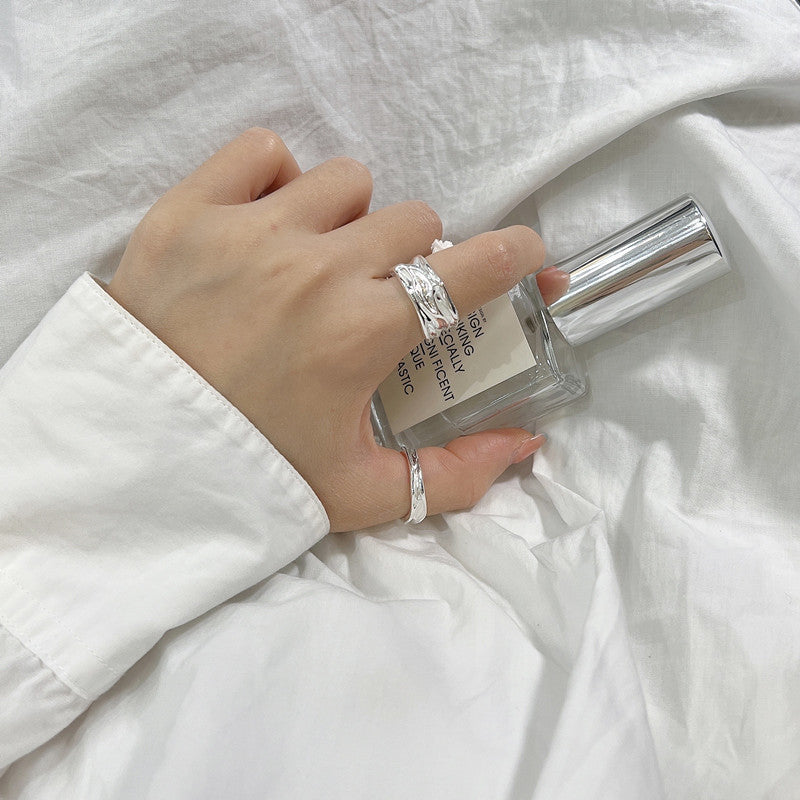 Minimalist Irregular Stream Texture Polished 925 Sterling Silver Adjustable Open Ring