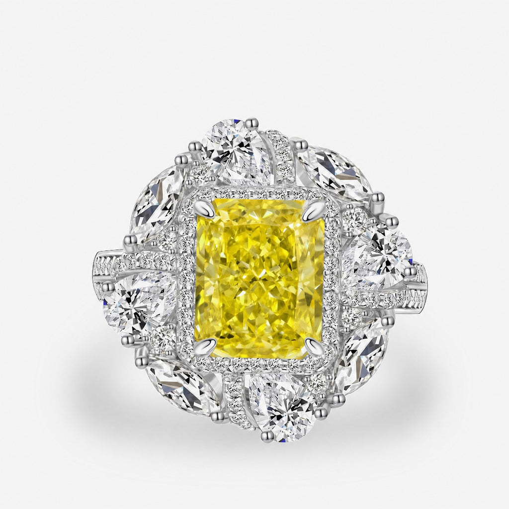 Anillo moderno de plata de ley 925 con circonia amarilla rectangular y halo