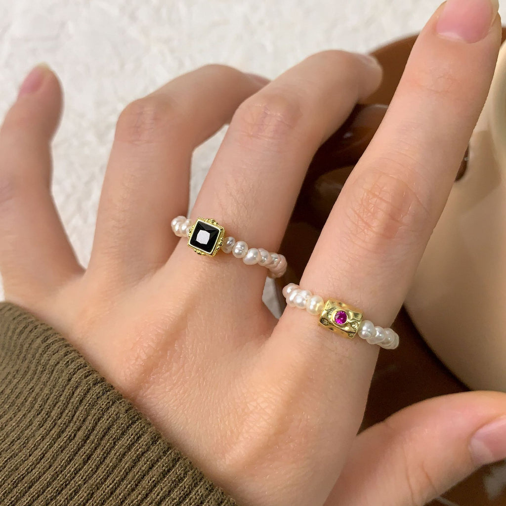 Women Elegant Pink CZ Irregular Tube Natural Pearls 925 Sterling Silver Ring