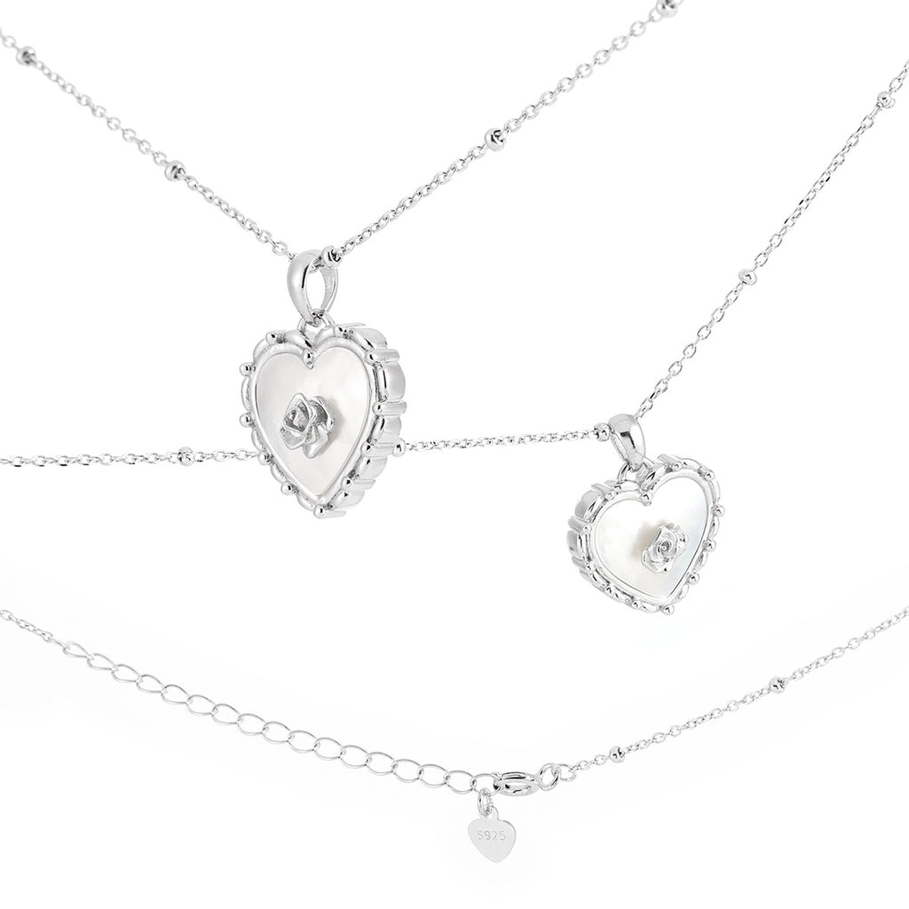 Collar con colgante de corazón y rosa en concha natural de plata de ley 925