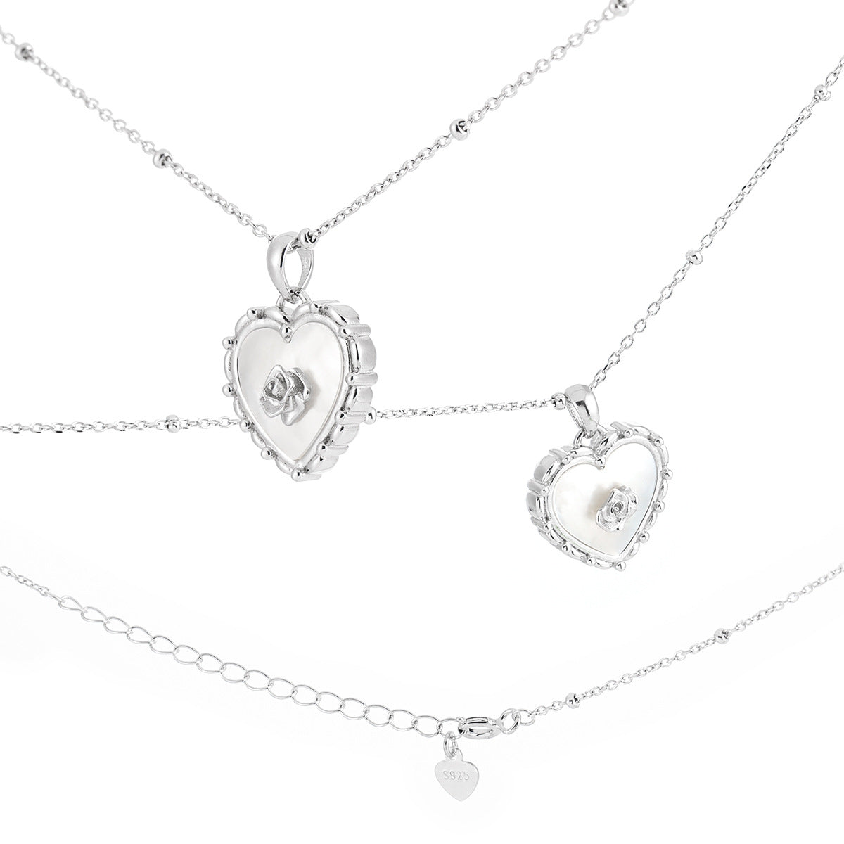 Collar con colgante de corazón y rosa en concha natural de plata de ley 925