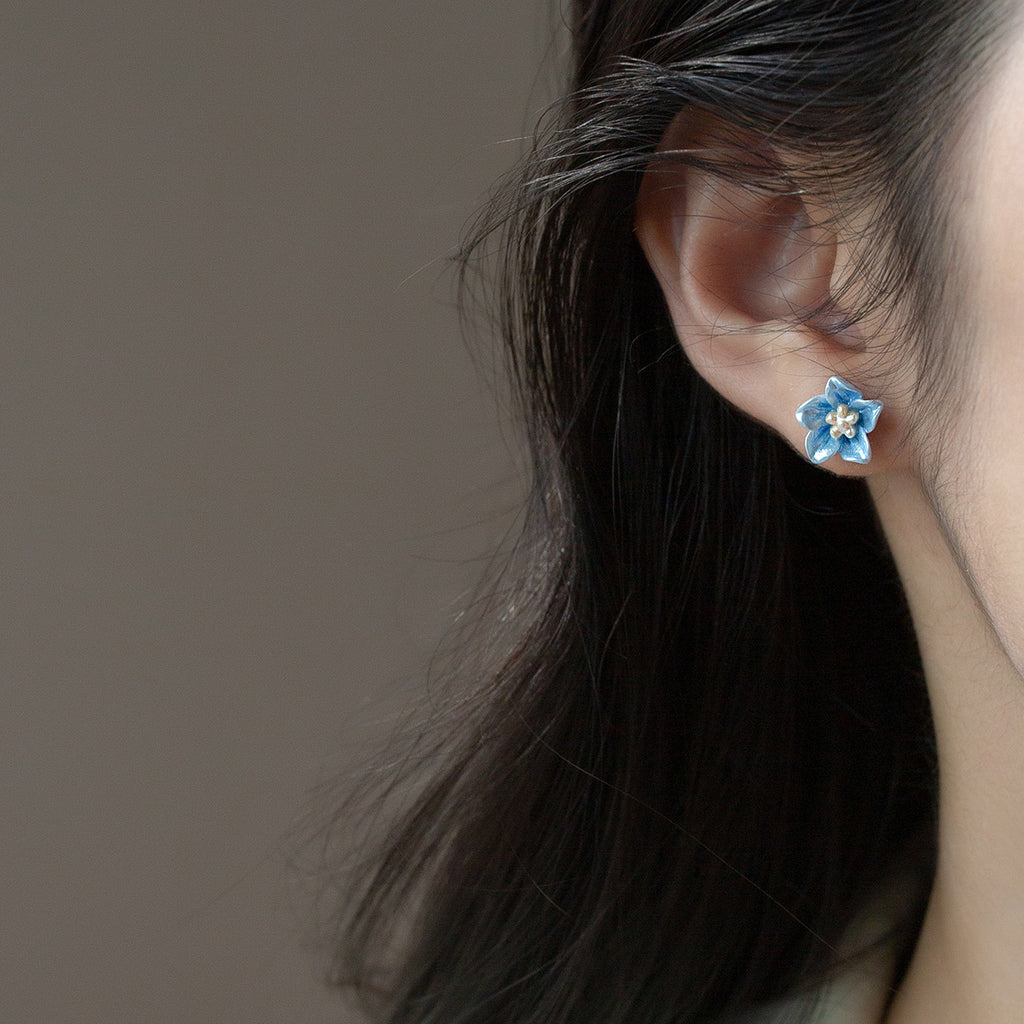 Blue Flower  S925 Sterling Silver Delicate Blossom Ear Stud Earrings