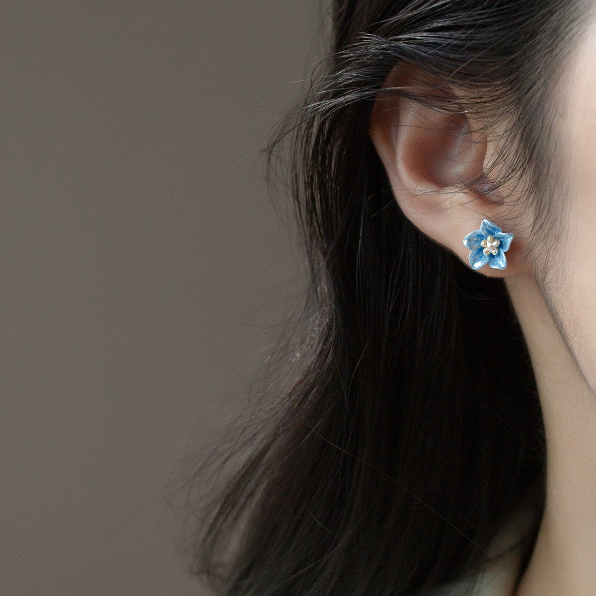 Blue Flower  S925 Sterling Silver Delicate Blossom Ear Stud Earrings