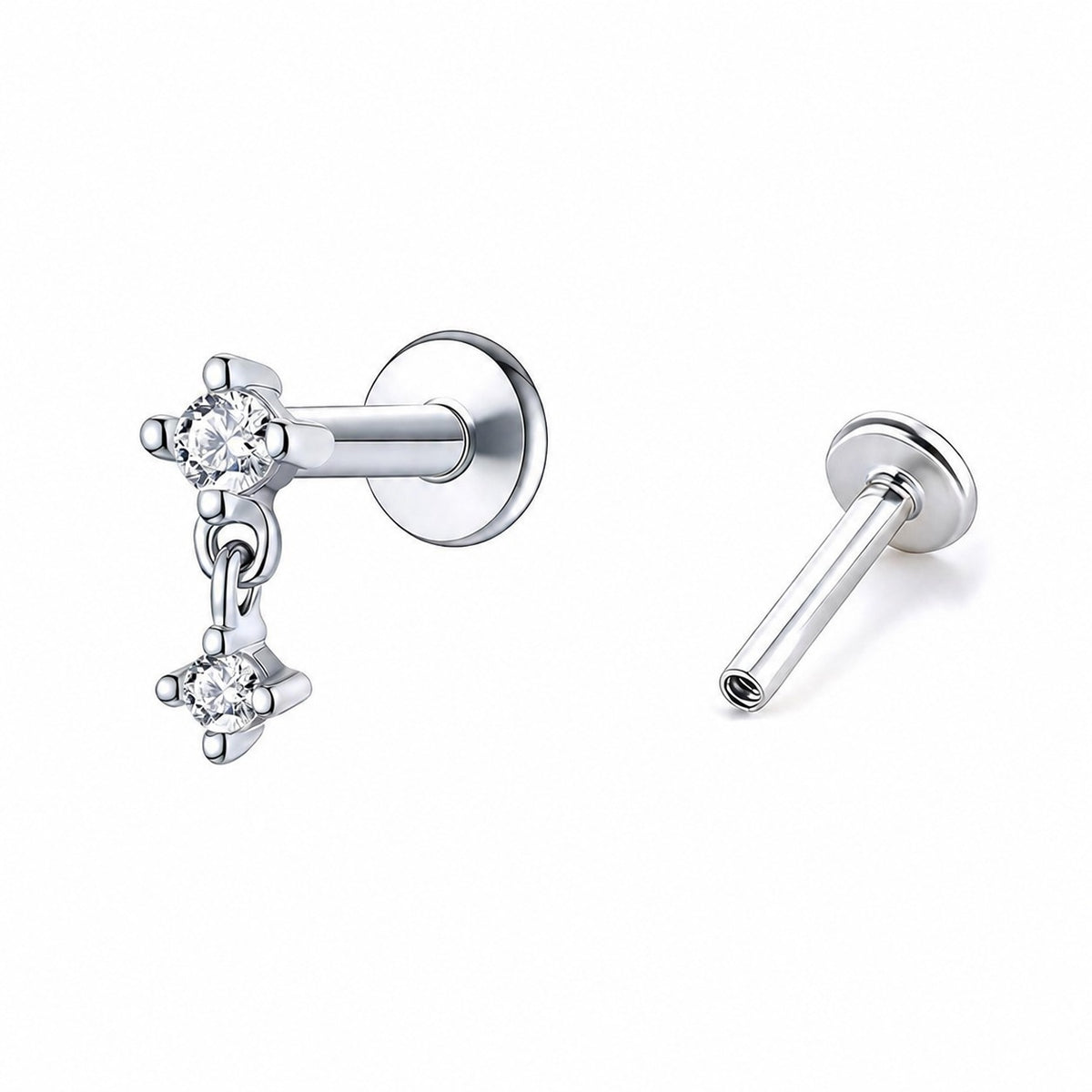 Double Round Cubic Zirconia 925 Sterling Silver Internal Thread Flat Back Cartilage Dangle Ear Stud Earrings (Single)