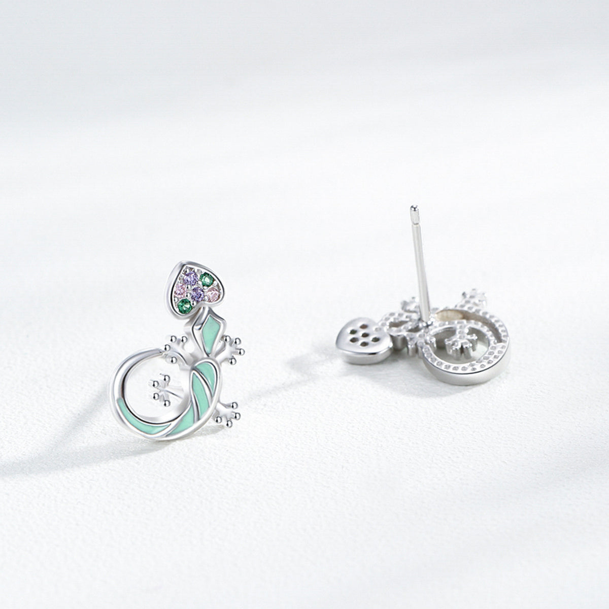 Rainbow Cube Zirconium Blue Mint Green Enamel Lizard-shaped 925 Silver Earrings