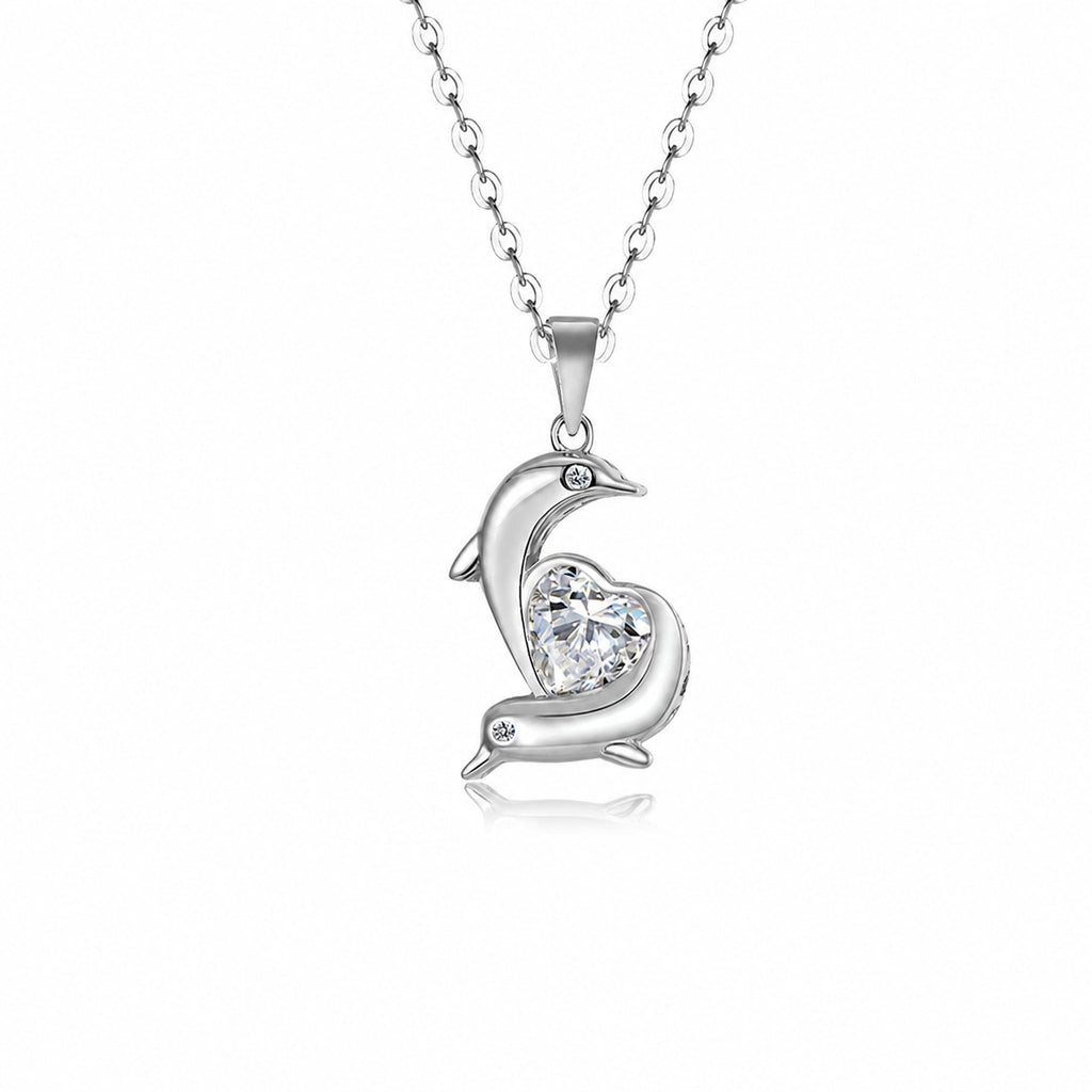 Dolphin Embrace Heart Shaped Moissanite S925 Sterling Silver Pendant Necklace