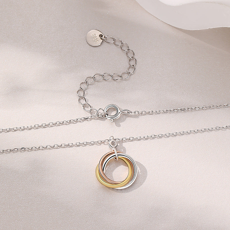 Cubic Zirconia Geometric  S925 Sterling Silver Triple Interlocking Circle Pendant Necklace