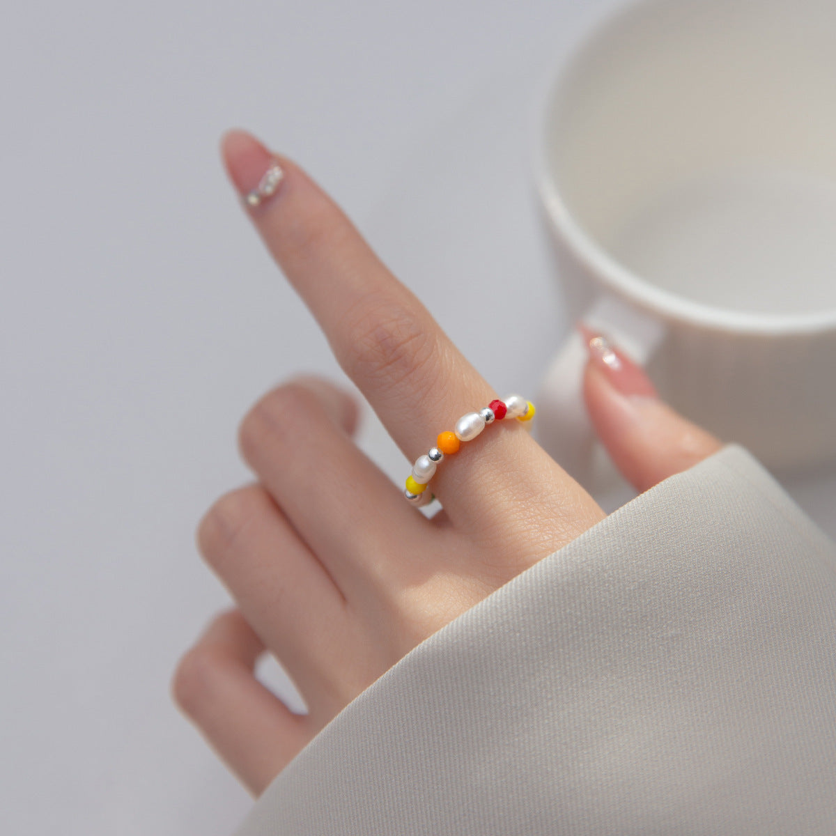 Irregular Pearl Multicolor Synthetic Crystal Elastic Beaded  S925 Silver Ring