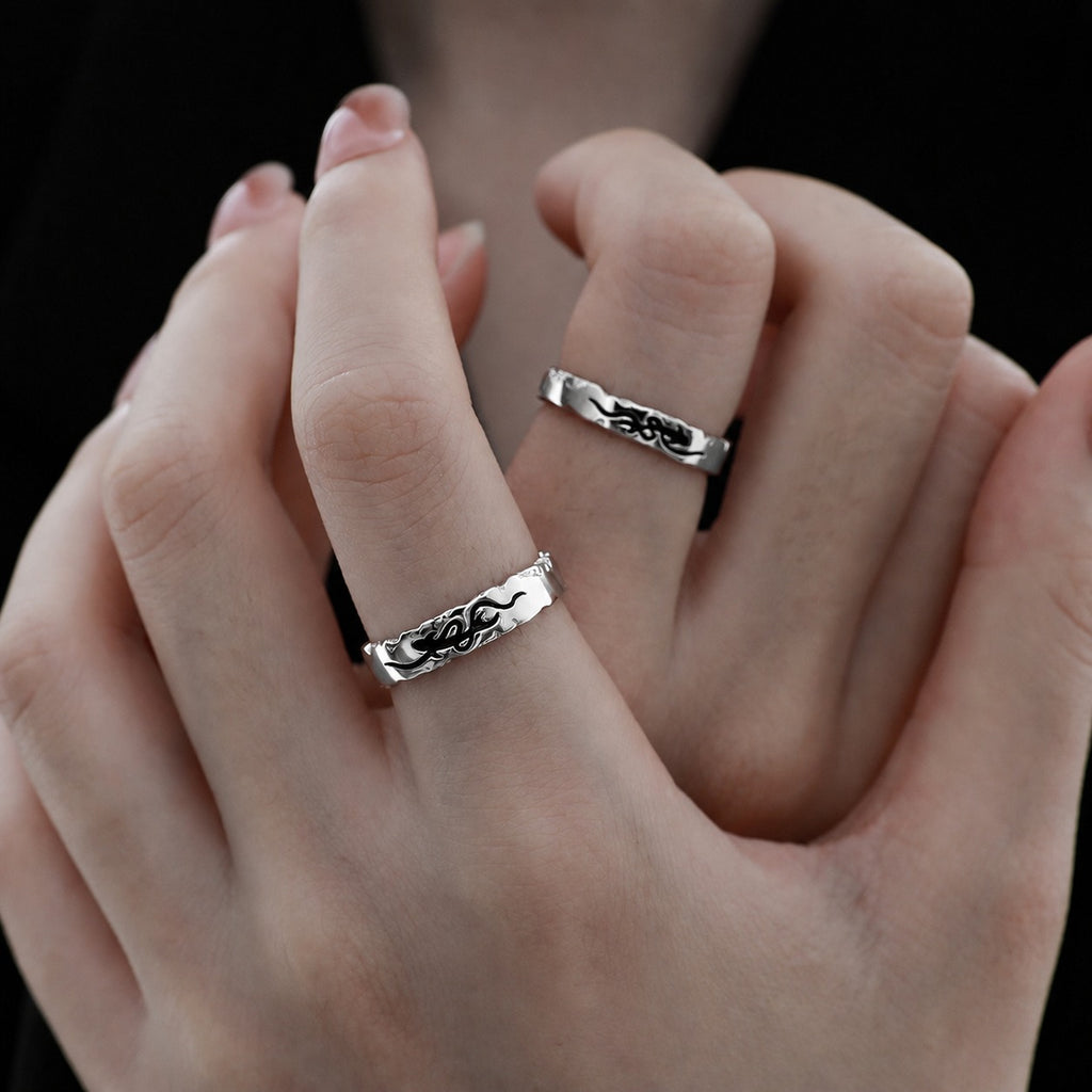 Pisces Chasing the Waves  S925 Sterling Silver Adjustable Couple's Ring Set with Black Enamel Openwork Rings