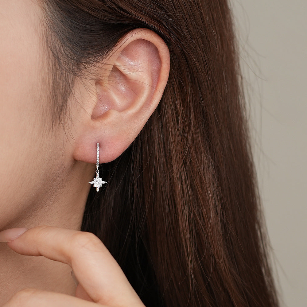 Women Irregular CZ Crescent Moon Star 925 Sterling Silver Dangling Earrings