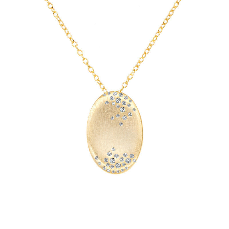 Geometric Oval Brushed Finish Cubic Zirconia 18K Gold Plated 925 Sterling Silver Pendant Necklace