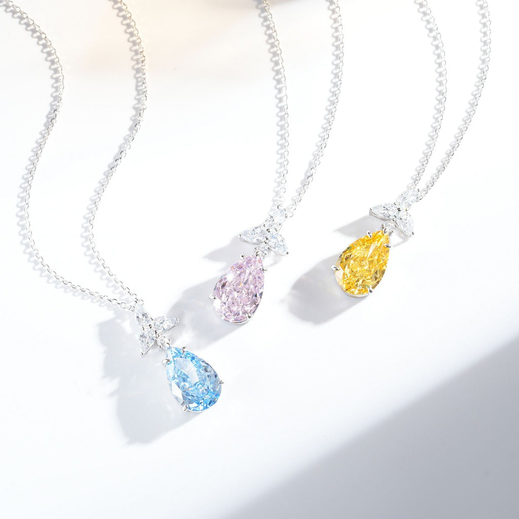 Elegant Teardrop Cubic Zirconia Pendant Necklace with 925 Sterling Silver Chain for Women Fashion Jewelry in Pink Blue and Yellow Variants