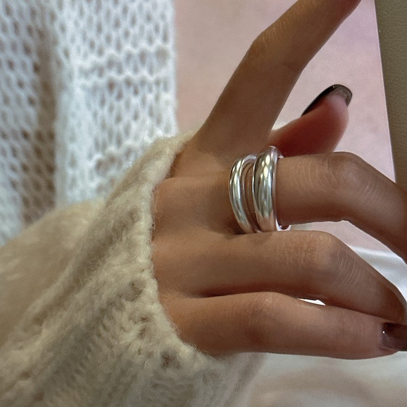 Women Modern Minimalist Fashion Jewelry Irregular Double Layer Open Ring Solid 925 Sterling Silver Geometric Wrap Adjustable Ring