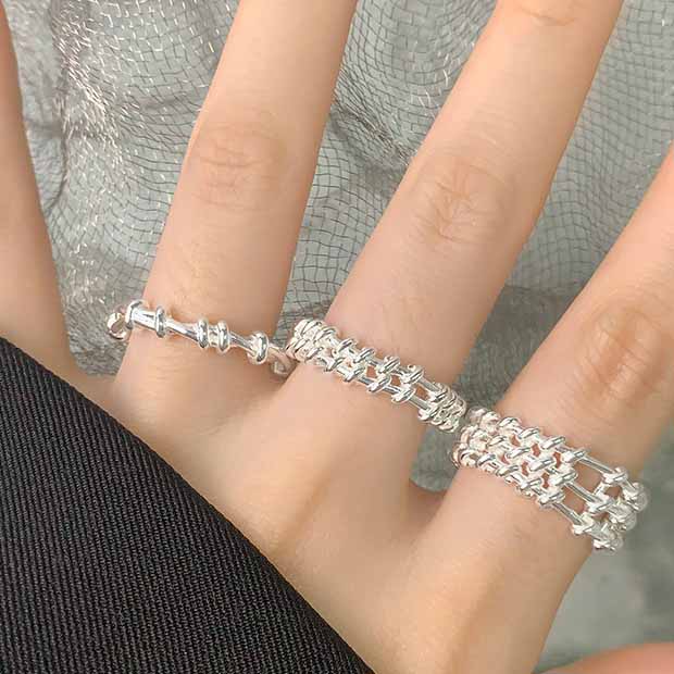 Fashion Irregular Knot Grid 925 Sterling Silver Adjustable Stacker Ring